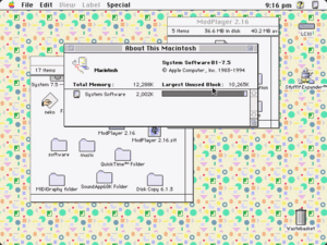 Screenshot of the About this Mac dialog taken on the LC III. It shows that it's running System Software B1-7.5, with 12 MB of RAM installed and 10 MB free in the system. Behind that, a couple of finder windows are open. The background was set to a bright yellow one, with various colourful, small abstract shapes surrounding it (like circles, squares and rectangles)