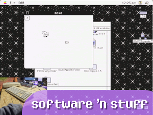 Link to the main segment of this video. The thumbnail shows a direct capture of the LC III running System 7.5, with the "neko" virtual cat desktop accessory open, consisting of a pixel-style black and white cat reacting and following your mouse cursor on screen. The lower left has a small camera view that's pointed at the keyboard and mouse as I'm using the LC III. A purple rounded button is added to the thumbnail, which says "software 'n stuff" in a pixel style font
