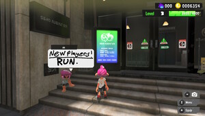 In-game screenshot of Splatoon 3 taken in the game's lobby area. It features a player with the username called 'no' with their profile status artwork reading: "New Players! RUN."