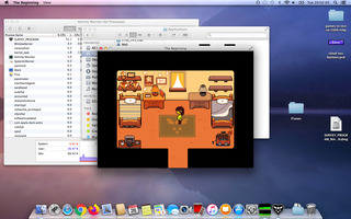 Screenshot of Deltarune Chapter 1 running under OS X 10.9.5 Mavericks. The game was displayed in windowed mode and the Activity monitor app was open behind it, showing the computer was using 26.47% CPU usage for user processes