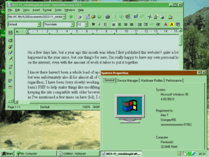 Screenshot of OpenOffice.org version 1.0.3 running under Windows 95D Lite on the Omnibook 5700CT. In the screenshot, the OpenOffice window is displaying the draft for this blog post (which was saved in the .sxw format), along with the System Properties window of Windows 95. The latter displays the custom version ID of 4.00.950 D, with user and computer info below that (showing that it identifies the CPU as a Pentium and the total RAM as 32 MB).