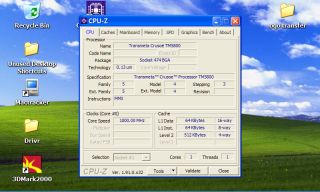 Screenshot from the OQO Model 01 with CPU-Z running, displaying detailed info on the 1GHZ Transmeta Crusoe CPU this has