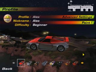VGA capture screenshot of TrackMania Sunrise, showing the profile/car customisation screen
