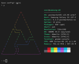 Screenshot of the hyfetch output from the terminal in postmarketOS version 23.06 running on the Galaxy S3 with GNOME Mobile. Some text from the initial setup of hyfetch alongside the output, which displays the following info:

            OS: postmarketOS v23.06 armv7l
            Host: Samsung Galaxy S3 (GT-I9300) based on Exynos4412
            Kernel: 6.3.5-postmarketos-exynos4
            Uptime: 13 minutes
            Packages: 950 (apk)
            Shell: ash
            Resolution: 720x1280
            DE: GNOME 44.0 (wayland)
            Theme: Adwaita [GTK2/3]
            Icons: Adwaita [GTK2/3]
            Terminal: gnome-console
            CPU: ARM Cortex-A9 (4) @ 1.40 GHz
            Memory: 702.12 MiB / 997.55 MiB