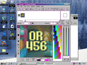 Screenshot of a Windows 2000 virtual machine with the IconArt software open. The window displays an earlier version of the 32 by 32 favicon for this website, enlarged with a pixel grid, with some options for editing tools on the left and colour pallette on the right. The favicon features a background of a Tetris light and some warm fairy lights to the side, with a blue LED illuminating the scene. Some text in a yellow pixel-style font appears in front which reads "OR456". Above the editor is where other sizes for the icon are displayed. Here, there's that 32 by 32 version along with a smaller 16 by 16 one as well, displayed in the original size. The smaller 16 by 16 version is similar to the other one, but only displays the text "456"