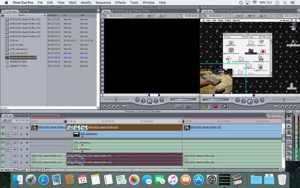 Screenshot of Final Cut Pro 7.0.4 running under OS X Mavericks on a Early 2011 13 inch MacBook Pro. The screenshot shows the editing software open with a project, with the timeline consisting of a VGA capture recording from the LC III, with a second video track above that including camera footage showing the keyboard and mouse as I'm using the computer, positioned and cropped to a small portion of the corner in the video. The file names used for the camera footage indicate that it is a ProRes 422 transcode, to help editing with this version of Final Cut.