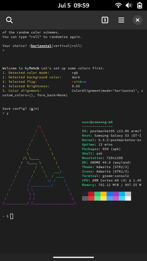 Screenshot of the hyfetch output from the terminal in postmarketOS version 23.06 running on the Galaxy S3 with GNOME Mobile. Some text from the initial setup of hyfetch alongside the output, which displays the following info:

            OS: postmarketOS v23.06 armv7l
            Host: Samsung Galaxy S3 (GT-I9300) based on Exynos4412
            Kernel: 6.3.5-postmarketos-exynos4
            Uptime: 13 minutes
            Packages: 950 (apk)
            Shell: ash
            Resolution: 720x1280
            DE: GNOME 44.0 (wayland)
            Theme: Adwaita [GTK2/3]
            Icons: Adwaita [GTK2/3]
            Terminal: gnome-console
            CPU: ARM Cortex-A9 (4) @ 1.40 GHz
            Memory: 702.12 MiB / 997.55 MiB