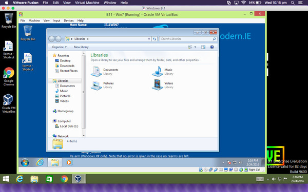 Screenshot of VMWare Fusion on an OS X El Capitan host running a Windows 8.1 virtual machine; which itself is also running another virtual machine within it of Windows 7 using VirtualBox. The Windows 7 Guest is just displaying a default Windows Explorer window
